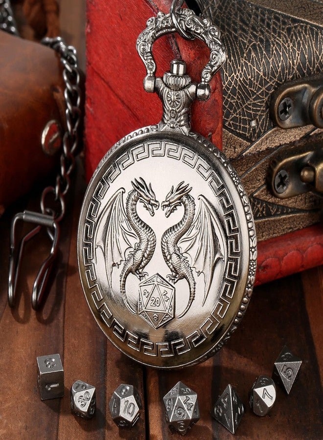 Keller & Weber Mini DND Dice Set with Steampunk Double Dragon Pocket Watch Case, Tiny 7-Piece Polyhedral Metal D&D Dice, DND Gifts with Gift Box, Role Playing Game Board Game Accessories Dice, Dark Silver - Image 2